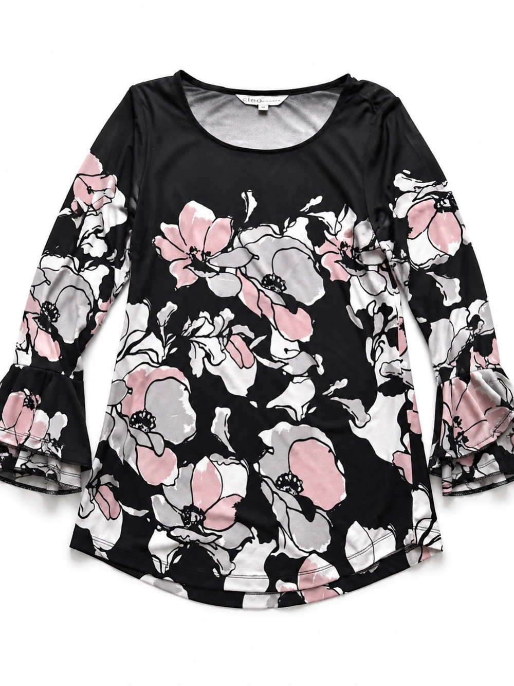 cleo Black Floral Ruffle-Sleeve Long Sleeve Tee with Pink & White Blossoms
